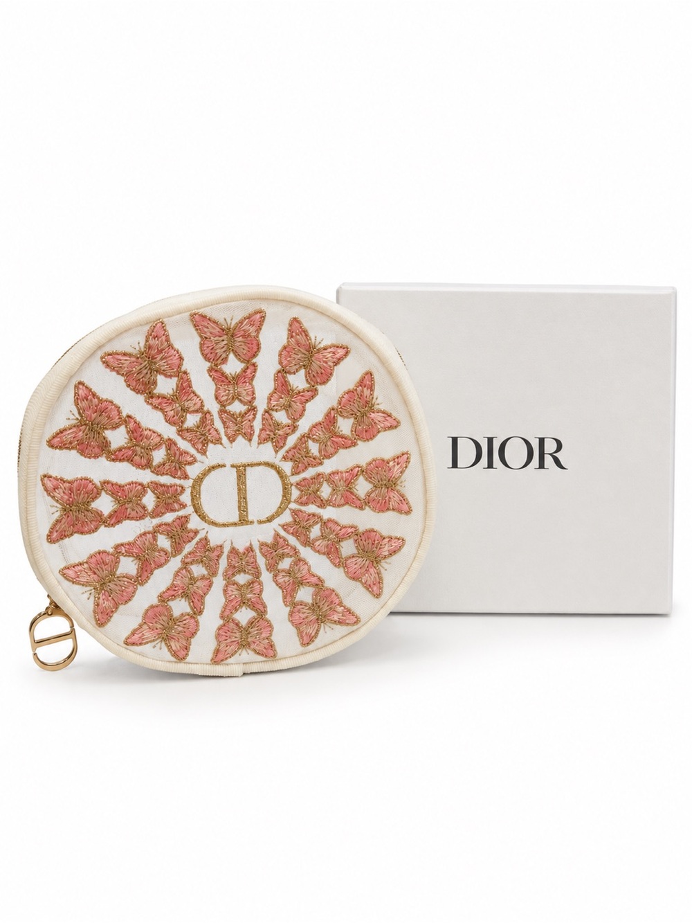 Dior Beige & White Round CD Logo Pouch with Gold Zipper Pull